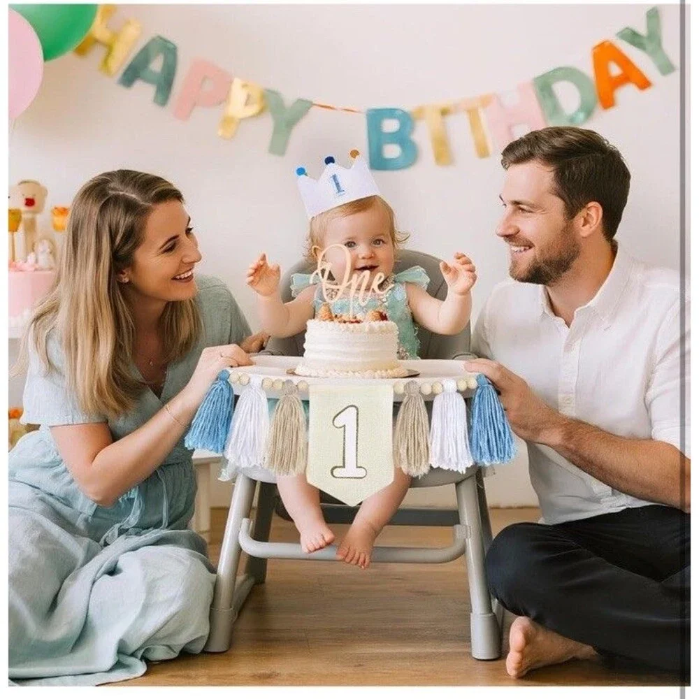 High Chair Banner Baby 1st Birthday Party Decorations With Hat And Cake Topper